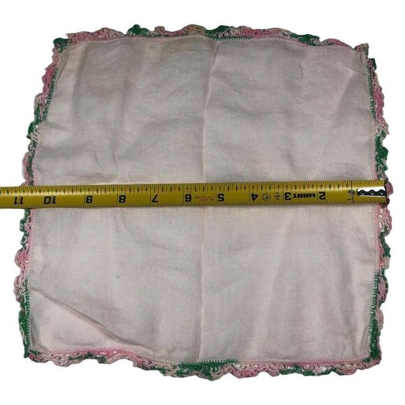 Vintage Handkerchief Hanky With Ombre Pink Green Crochet Border Pocket Scarf - Picture 5 of 5